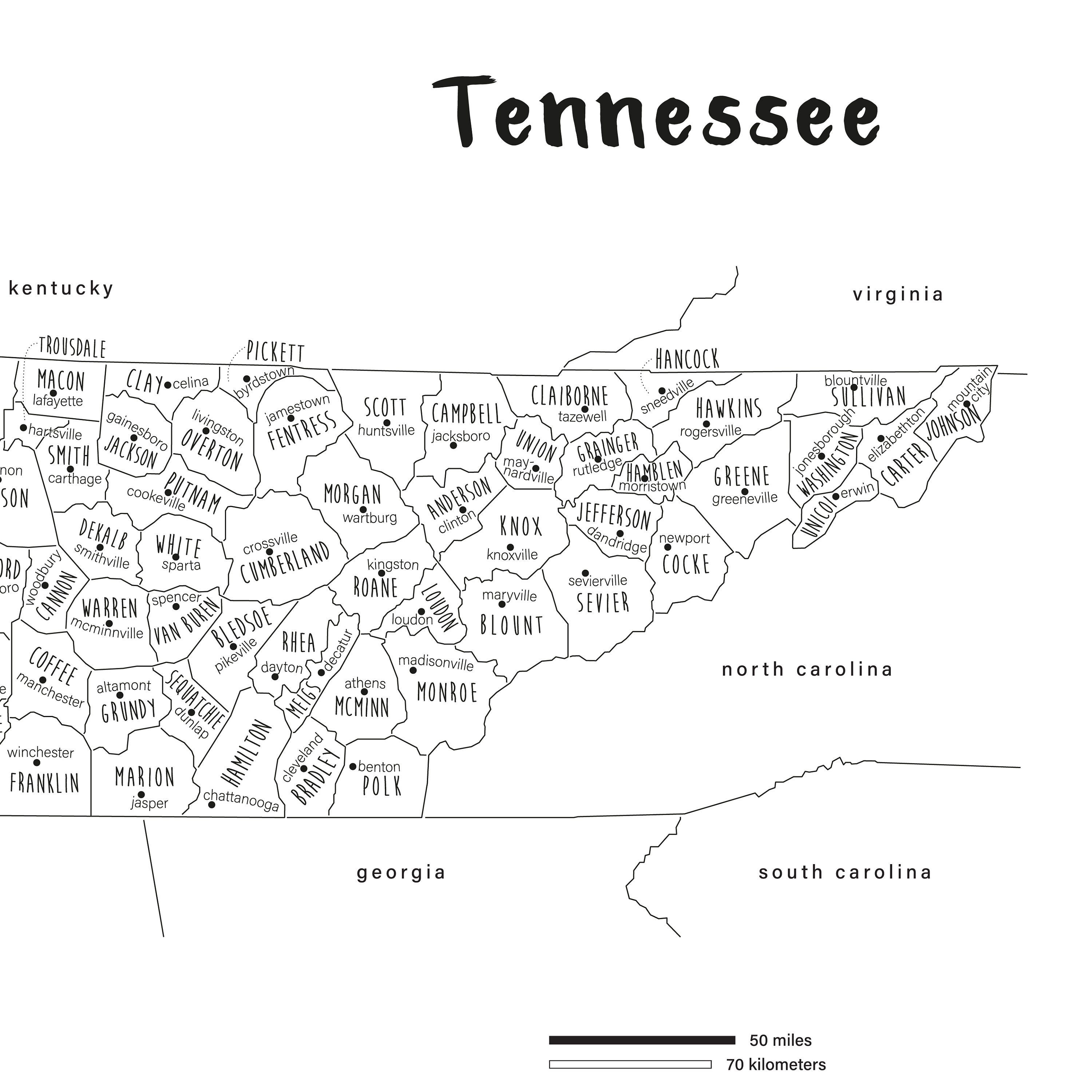Tennessee Map Art, PRINTABLE Tennessee County Map TN, Tennessee State