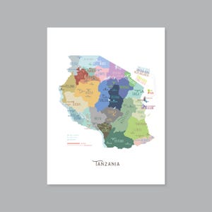 Mapa de Tanzania, regiones y capitales de Tanzania para imprimir, mapa etiquetado de Tanzania, decoración del hogar (#P648)