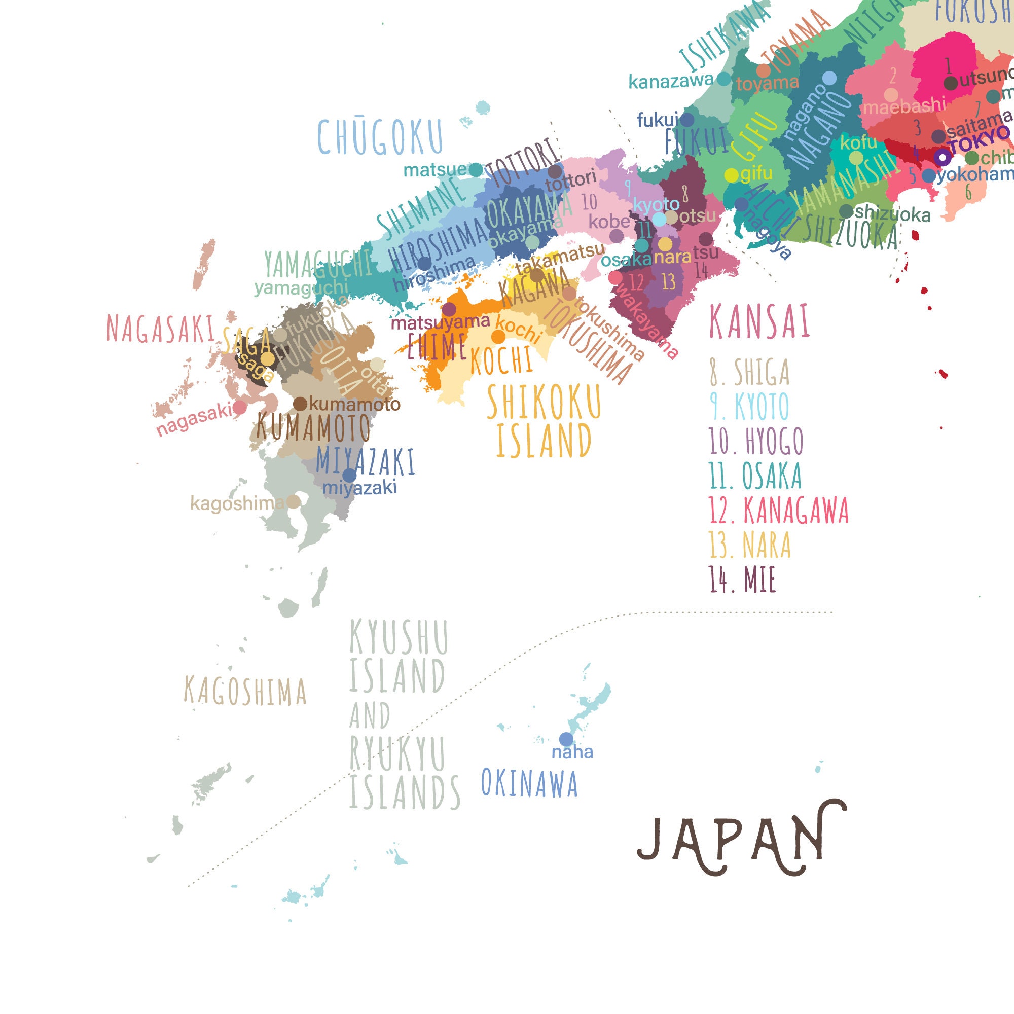 Japan Map Print: Provinces & Regions, Modern Home Decor (digital