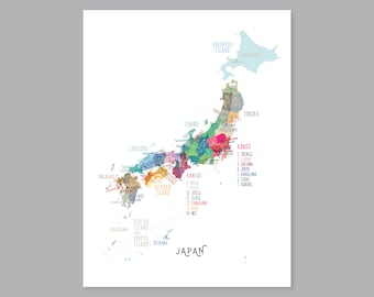 Japan Map Region, PRINTABLE Japan Provinces Japan Prefecture map, Labeled Japan Map, Modern home decor (#P585)