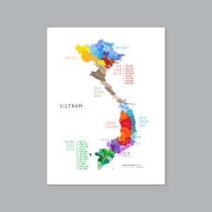 Vietnam Map Region, PRINTABLE Vietnam Provinces, Labeled Vietnam Map, Modern home decor P576 image 1