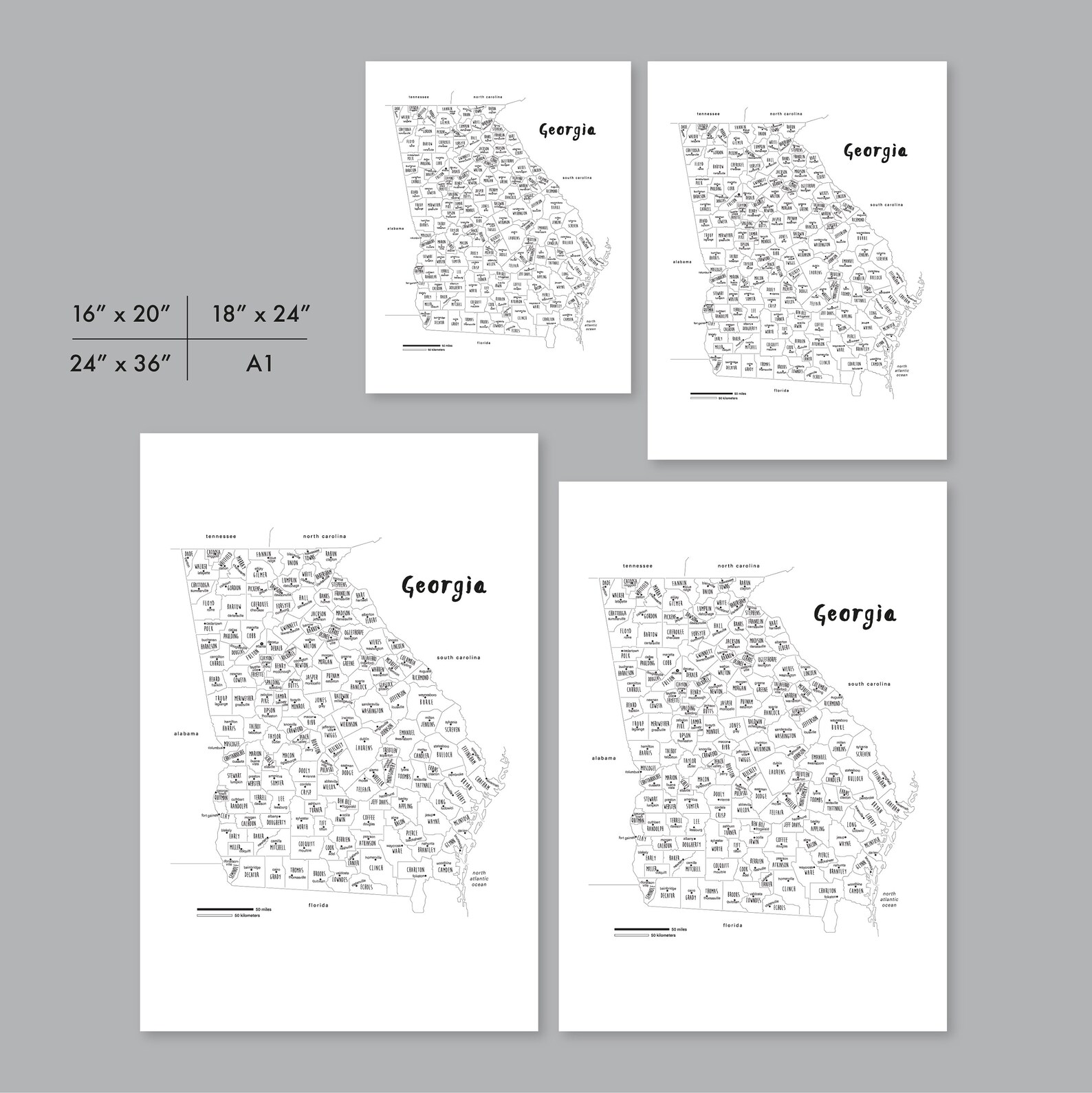Georgia Map Art PRINTABLE Georgia County Map GA Georgia - Etsy