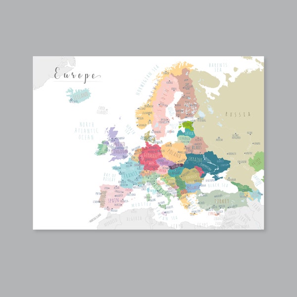 Europe map, PRINTABLE Europe Capitals map, Map of Europe wall art Kid nursery Modern home decor (#493B)