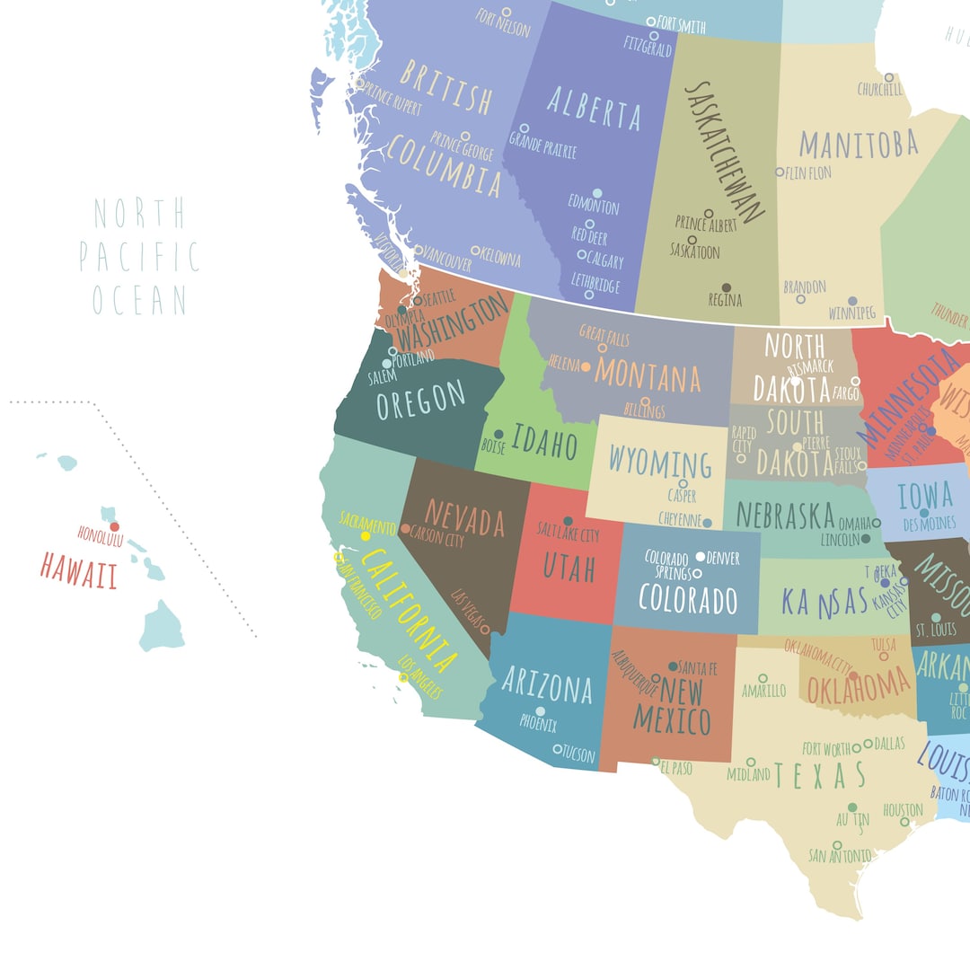 Impresión de mapa de EE. UU. y Canadá: estados, capitales y ciudades  principales (descarga digital, archivo PDF/JPG) #P453E - Etsy México, image size:1080x1080