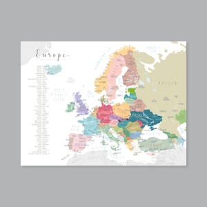 Kaart van Europa, AFDRUKBARE kaart van de hoofdsteden van Europa, kunst aan de muur kaart van Europa Kid kinderkamer modern interieur (#493)