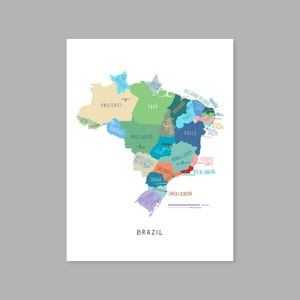 Brasilien Karte, Brasilien Karte, DRUCKBARE Landkarte, Brasilien Karte mit Hauptstadt, modernes Wohndekor (#P573)