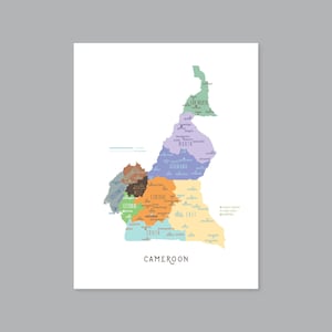 May include: A colorful map of Cameroon, divided into regions with names in a handwritten font. The map is on a white background with the country's name at the bottom. The regions are in shades of green, purple, orange, and yellow.