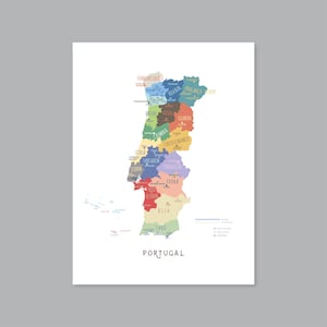 Portugal Karte, DRUCKBARE Portugal Bundesstaaten und Hauptstädte, beschriftete Portugal Karte mit Hauptstadt, modernes Wohndekor (#P606)