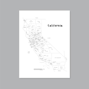 Poster mappa California, mappa contea California STAMPABILE CA, stampa California, mappa stato California, arredamento casa moderno (#P503)