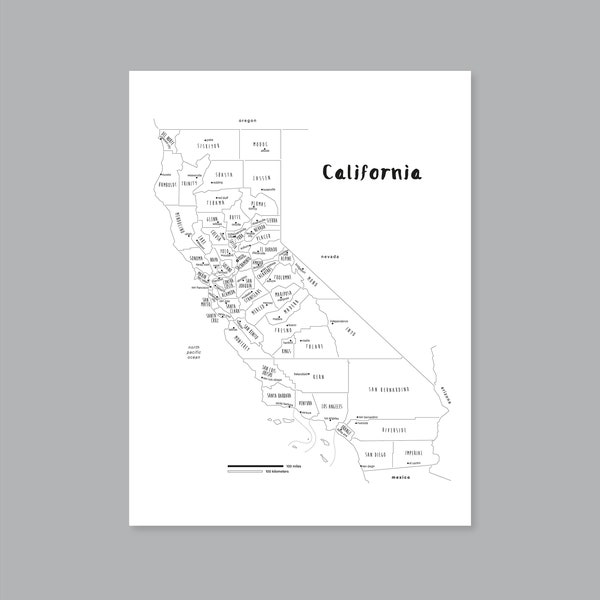 Affiche de carte de Californie, carte de comté de Californie IMPRIMABLE CA, impression de Californie, carte d'état de Californie, décor à la maison moderne (#P503)