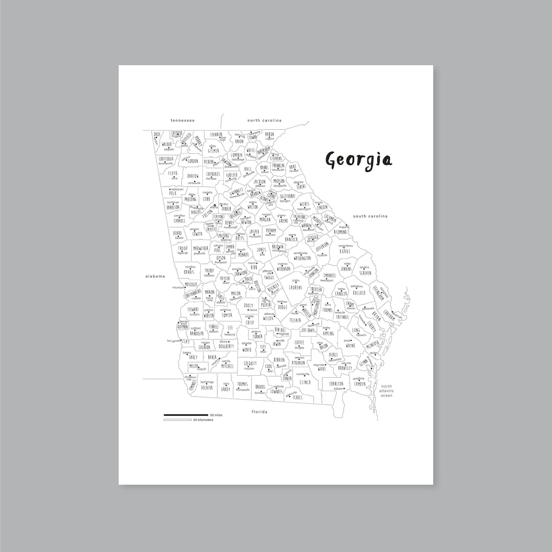 Georgia Map Art, PRINTABLE Georgia County Map GA, Georgia Countries Map Poster, Georgia State ...