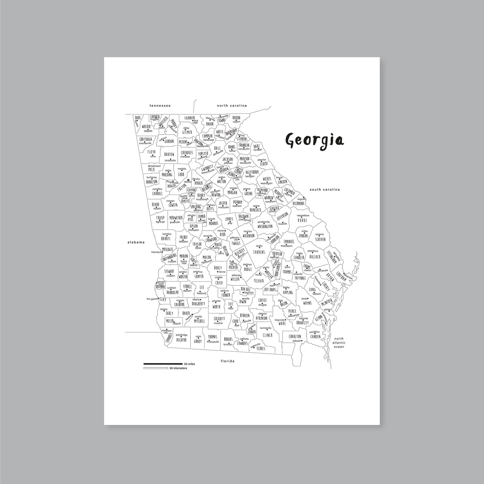 Georgia Map Art, PRINTABLE Georgia County Map GA, Georgia Countries Map ...