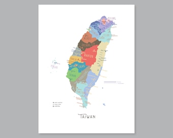 Taiwan Map Print, PRINTABLE Taiwan Provinces, Labeled Taiwan Map, Modern home decor (#P586)