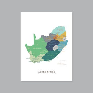 May include: A detailed map of South Africa, with each province distinguished by a different colour. The map features the text "South Africa" in a handwritten font. Labels indicate major cities and capitals within the country.