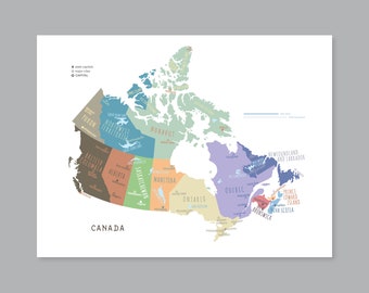 Canada Map, PRINTABLE Canada States and Capitals, Labeled Canada Map with Capital, Modern home decor (#P588)