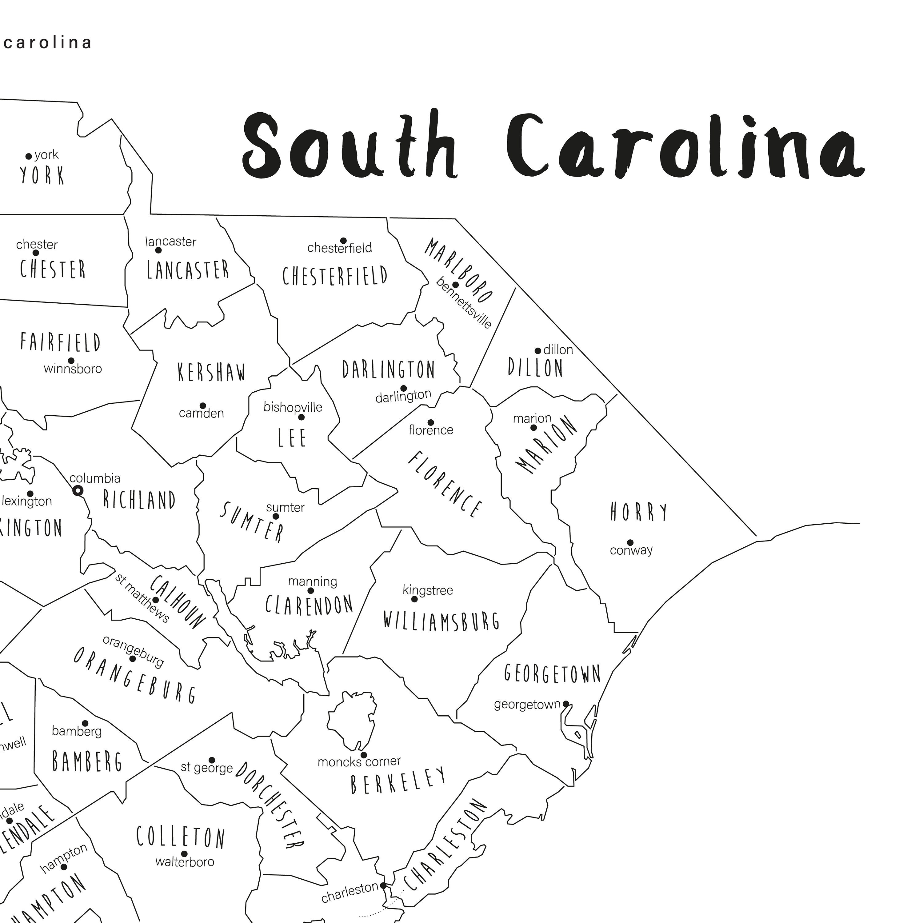 South Carolina Map Art, PRINTABLE South Carolina Countries Map SC