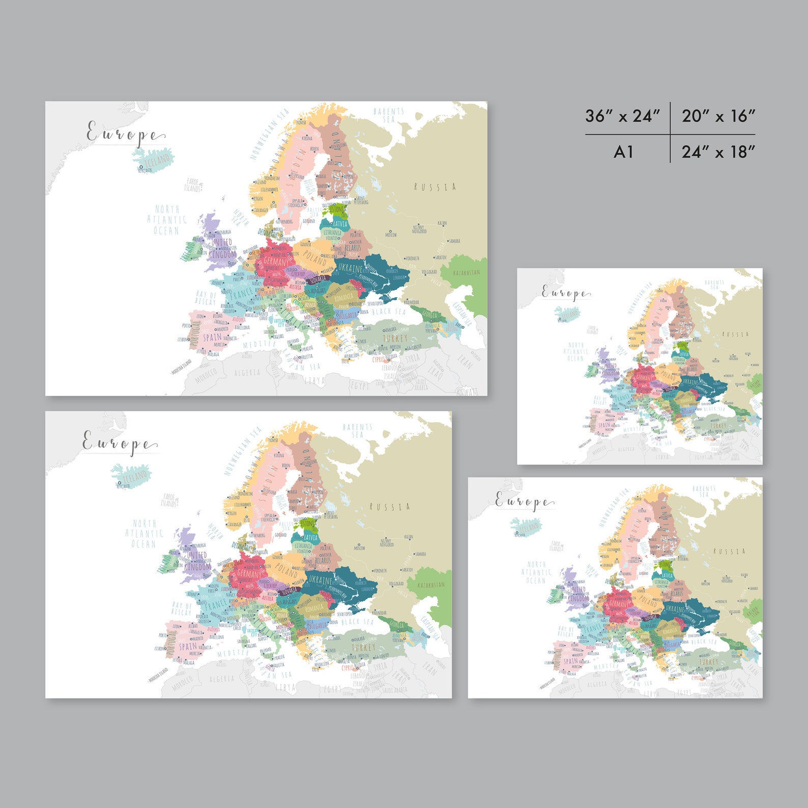 Europe Map PRINTABLE Europe Capitals Map Map of Europe Wall - Etsy