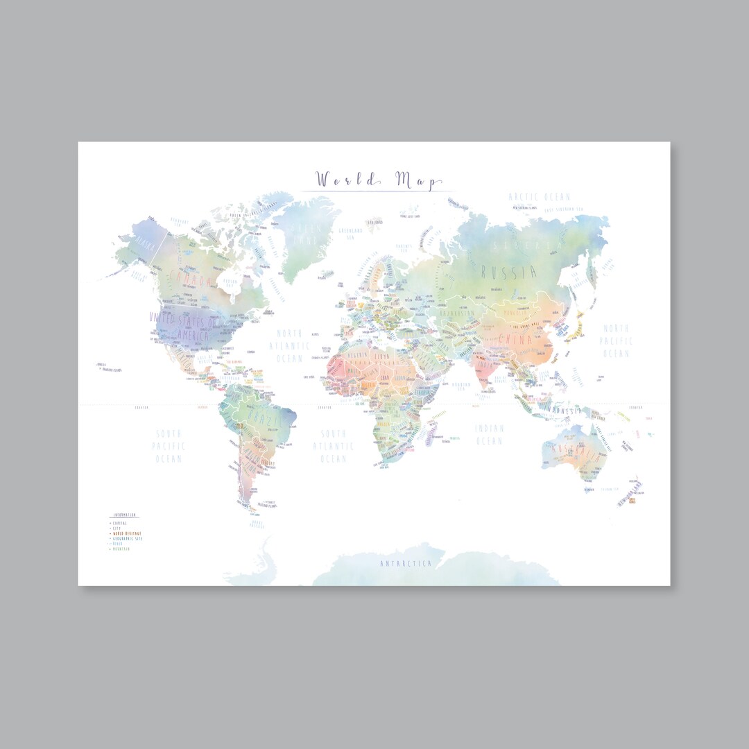World Map With Countries PRINTABLE Map of the World Wall Art - Etsy
