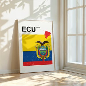 Póster de la bandera de Ecuador: arte mural imprimible, impresión minimalista de la bandera de Ecuador, mapa de Ecuador, decoración de viaje, ilustración vintage de la bandera (#F102)