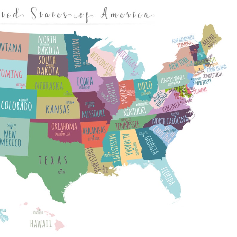 US Map Capitals Wall Art PRINTABLE United States Map Print Etsy