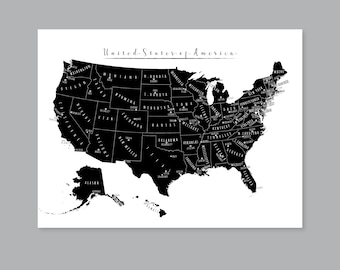 US Map Wall Art, PRINTABLE United States Map Print, Black Map Wall Art, USA Map for Kids, Home Kids Room Decor (#P483)