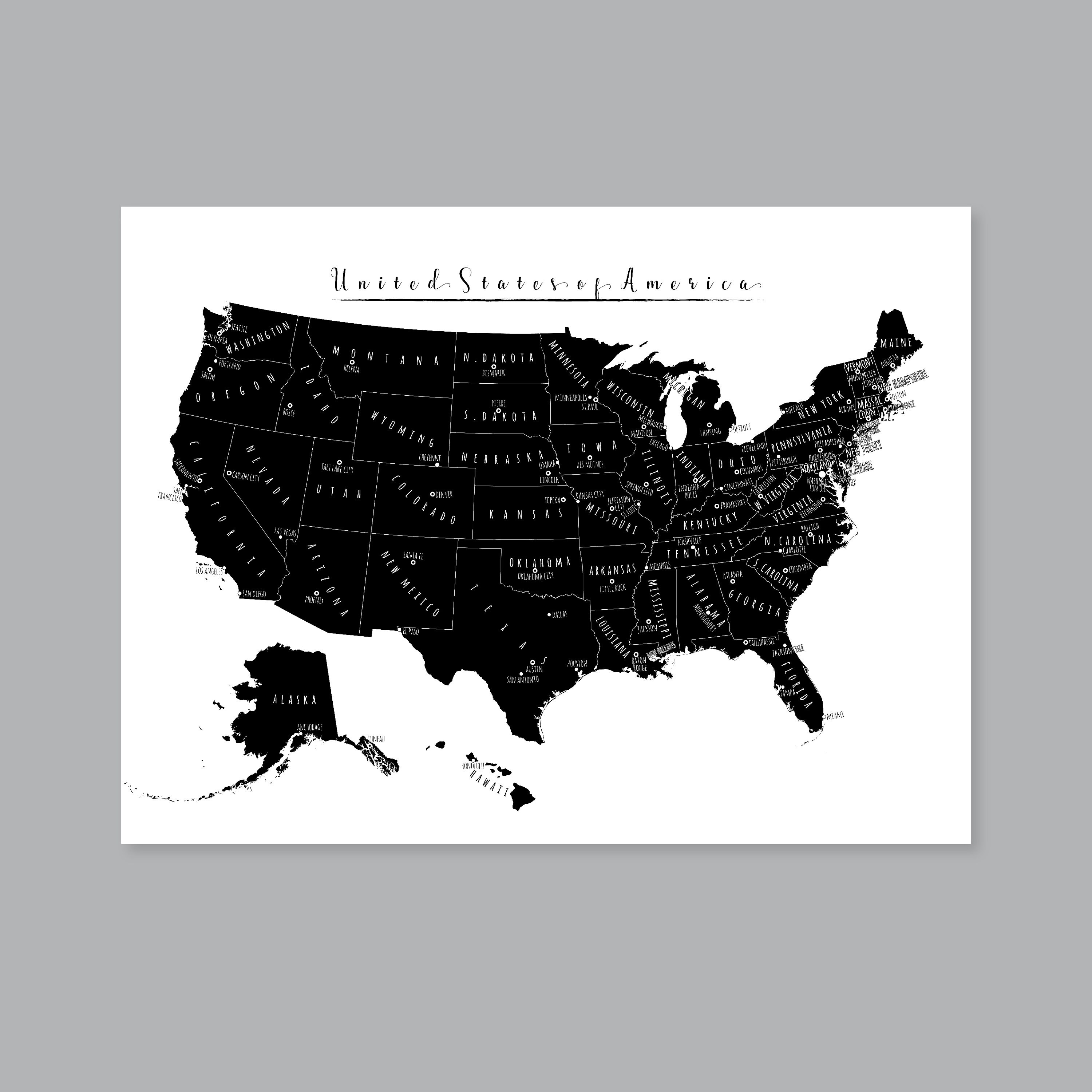 US Map Wall Art, PRINTABLE United States Map Print, Black Map Wall Art