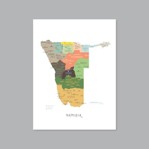 Mapa de Namibia, regiones y capitales de Namibia para imprimir, mapa de Namibia etiquetado con capital, decoración moderna para el hogar (#P631)