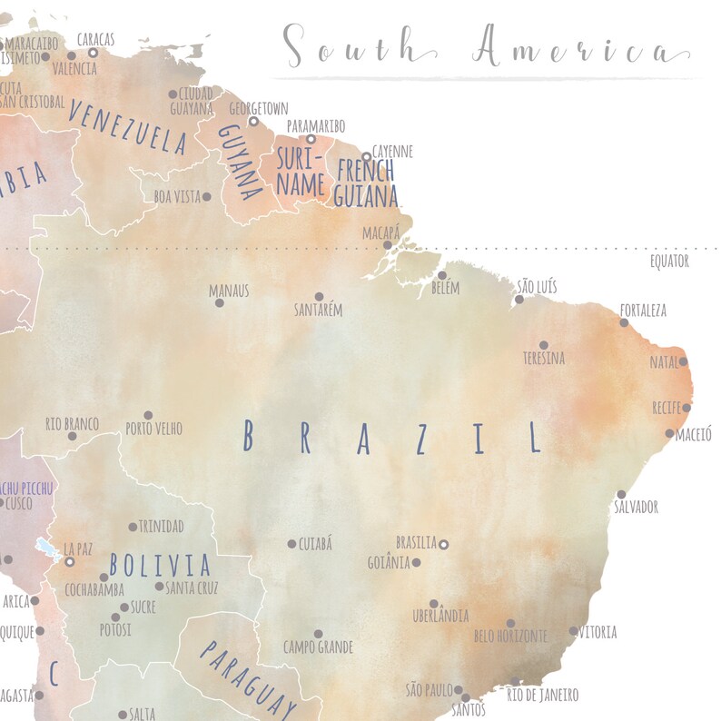 May include: A watercolor map of South America, featuring country names and major cities. The map has a soft, neutral color palette with text in a handwritten style. The word "South America" is written at the top.