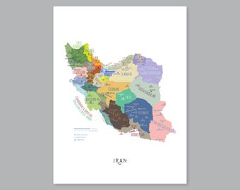Iran Map Art Print: Provinces & Capitals (Digital Download) #P622