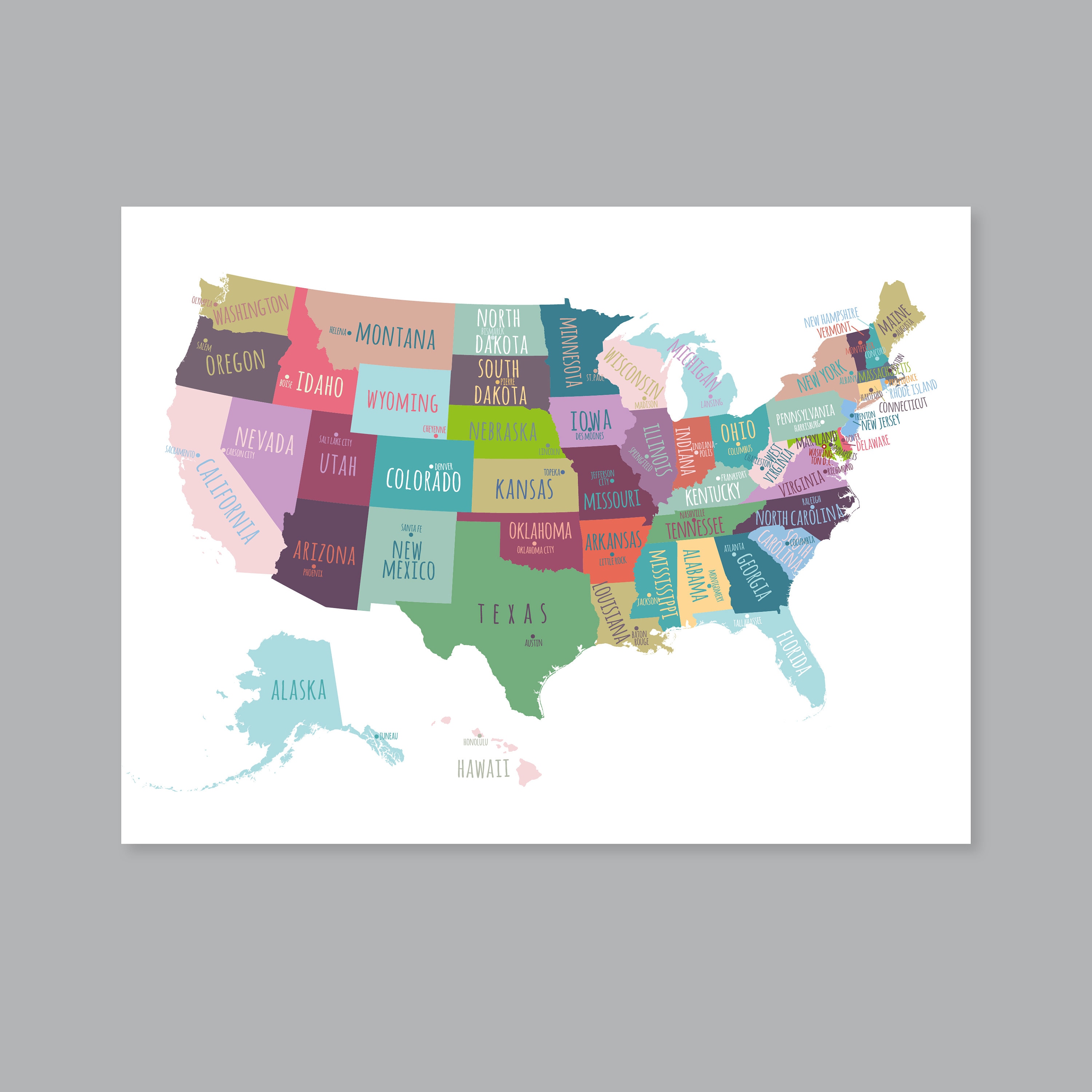 US Map Capitals Wall Art, PRINTABLE United States Map Print, Usa States