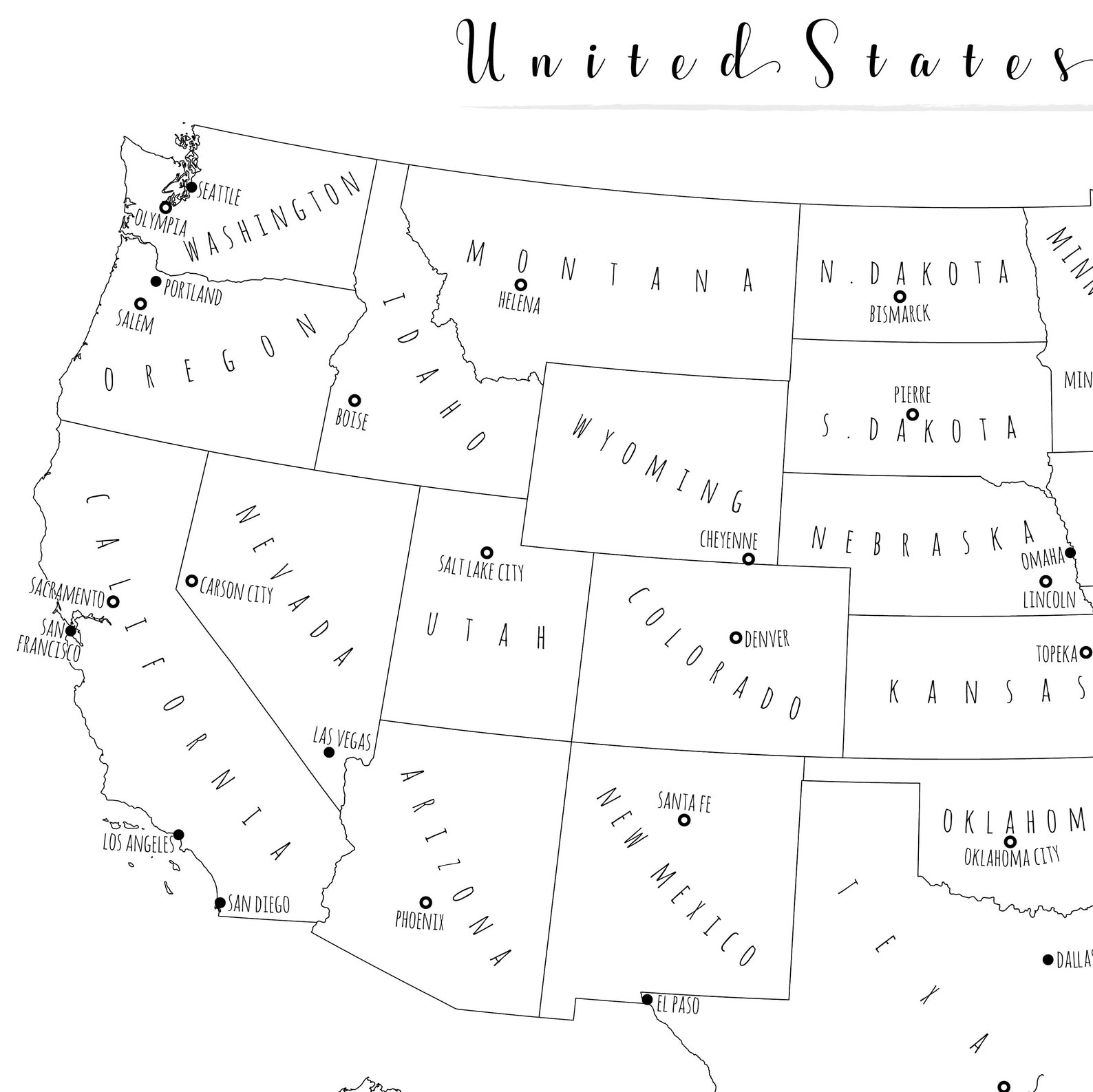 US Map Wall Art, PRINTABLE United States Map Print, Black and White Map