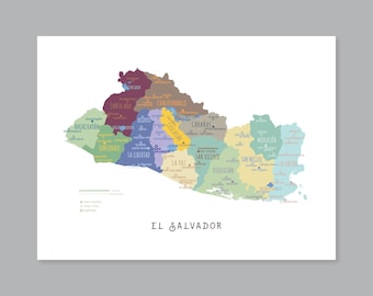 El Salvador Map Art Print: Provinces & Capitals (Digital Download, PDF/JPG Files) #P643