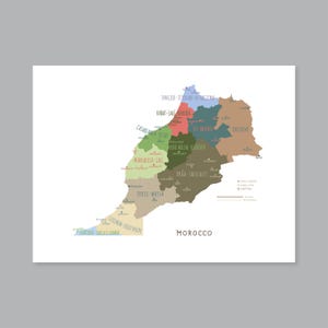 Carte du Maroc, imprimable régions et capitales du Maroc, carte du Maroc étiquetée avec capitale, décoration d'intérieur moderne (#P612)