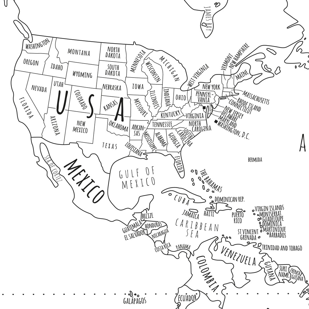 World Map Poster, PRINTABLE USA States, World Map With Countries Black ...