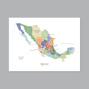 Mexiko Karte, DRUCKBARE Mexiko Bundesstaaten und Hauptstädte, beschriftete Mexiko Karte mit Hauptstadt, modernes Wohndekor (#P583)
