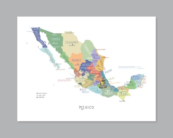 Mexico Map Print: States & Capitals, Modern Decor (Digital Download) #P583