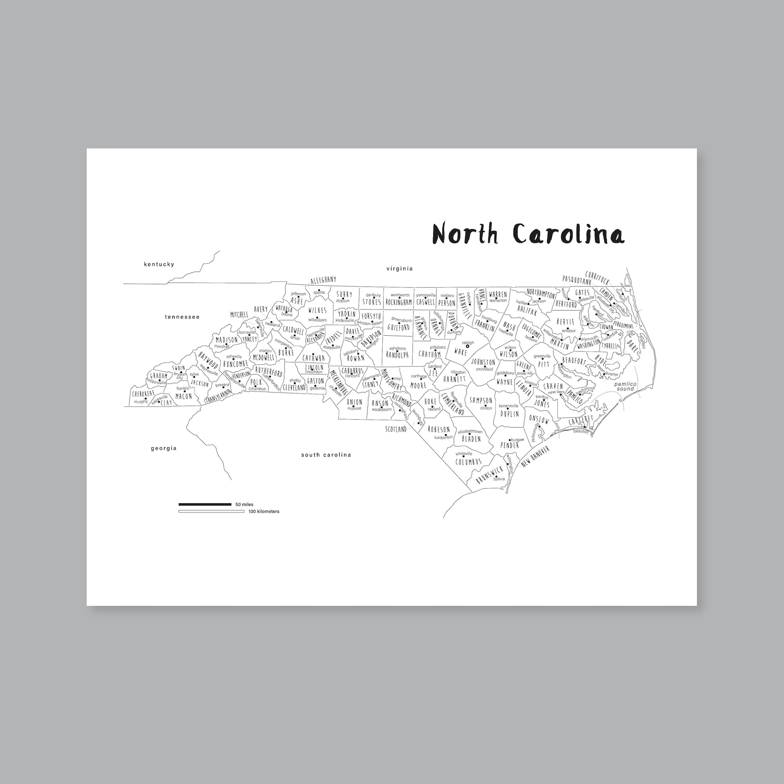 North Carolina Map Art, PRINTABLE North Carolina Countries Map NC, North Carolina State Map ...