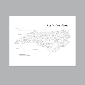 Mappa artistica della Carolina del Nord, mappa dei paesi della Carolina del Nord STAMPABILE NC, mappa dello stato della Carolina del Nord, arredamento moderno per la casa (#P515)