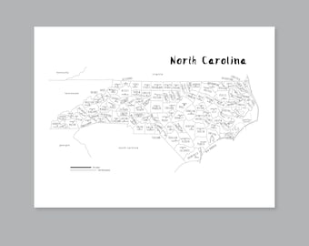 North Carolina map art, PRINTABLE North Carolina countries map NC, North Carolina state map, Modern home decor (#P515)