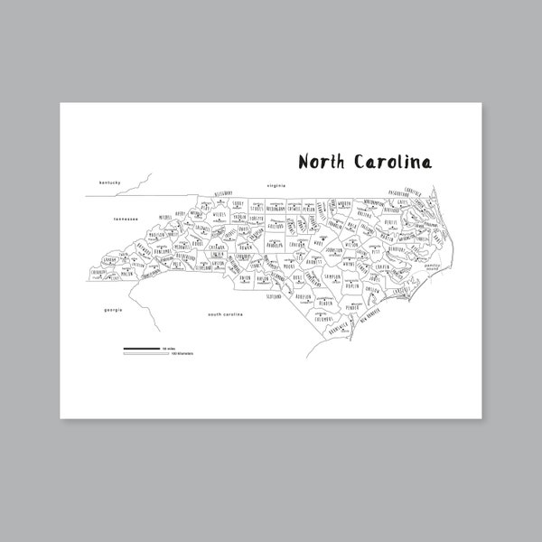 North Carolina map art, PRINTABLE North Carolina countries map NC, North Carolina state map, Modern home decor (#P515)