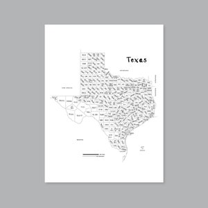 Poster mappa Texas, mappa dei paesi del Texas STAMPABILE TX, mappa dello stato del Texas, mappa artistica del Texas, stampa mappa del Texas, arredamento moderno per la casa (#P502)