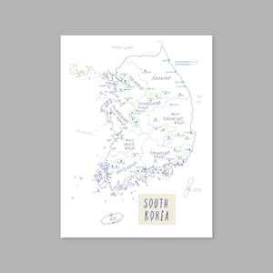 Carte de la Corée du Sud, IMPRESSION des provinces de la Corée du Sud, capitales, villes, carte de la Corée étiquetée, décoration d'intérieur moderne (#P704)