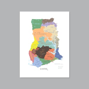 Ghana Karte, DRUCKBARE Ghana Regionen und Hauptstädte, beschriftete Ghana Karte mit Hauptstadt, modernes Wohndekor (#P600)