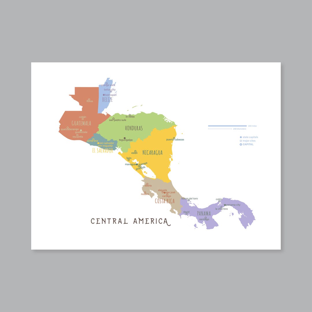 Central America Map Art Print: A Soft, Colorful Portrait of Seven Lands ...
