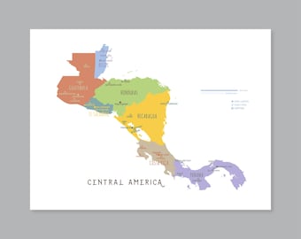 Central America Map Art Print: A Soft, Colorful Portrait of Seven Lands (Digital Download) #P753