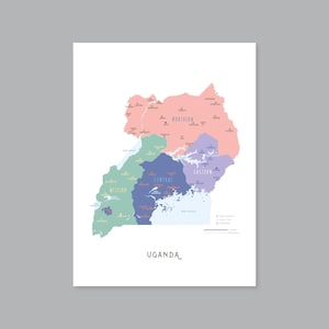 Mapa de Uganda, provincias y capitales de Uganda para imprimir, mapa de Uganda etiquetado con capitales, decoración moderna para el hogar (#P607)
