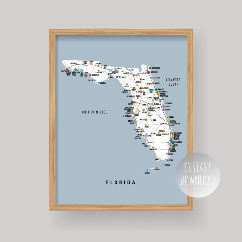 Map of Florida with major cities and roads PRINTABLE Florida Etsy