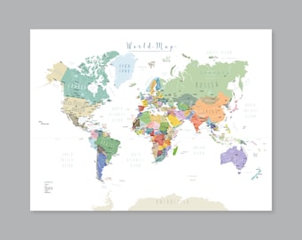 May include: A colorful world map print with country names and ocean labels. The map features a variety of pastel colors for each country and continent, with the title "World Map" in a handwritten font.