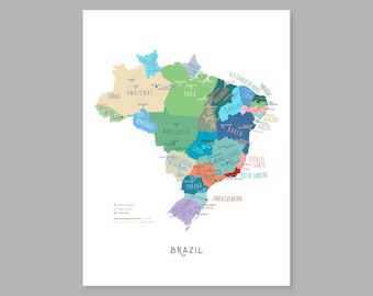 Brazil Map Print: States & Capitals, Modern Home Decor (Digital Download) #P573
