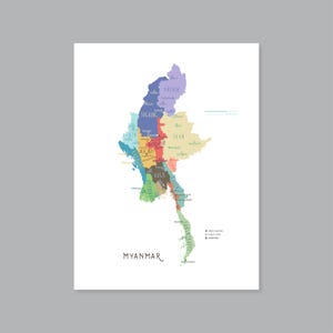 Mapa de Mianmar, mapa das províncias de Mianmar para impressão, mapa da capital do estado de Mianmar, mapa de Mianmar rotulado, decoração moderna para casa (#P584)